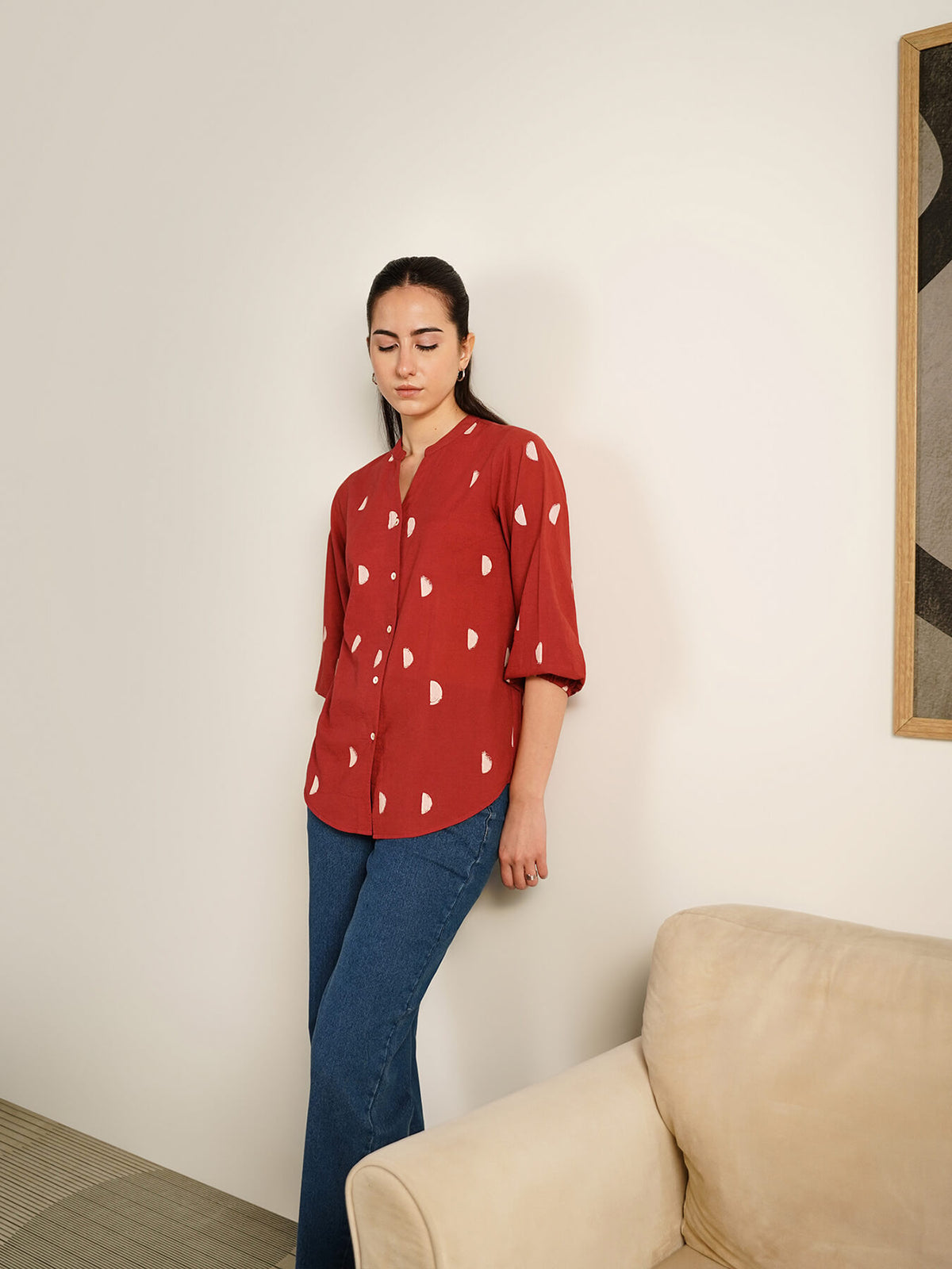 Cotton Geometric Print Regular Top - Maroon