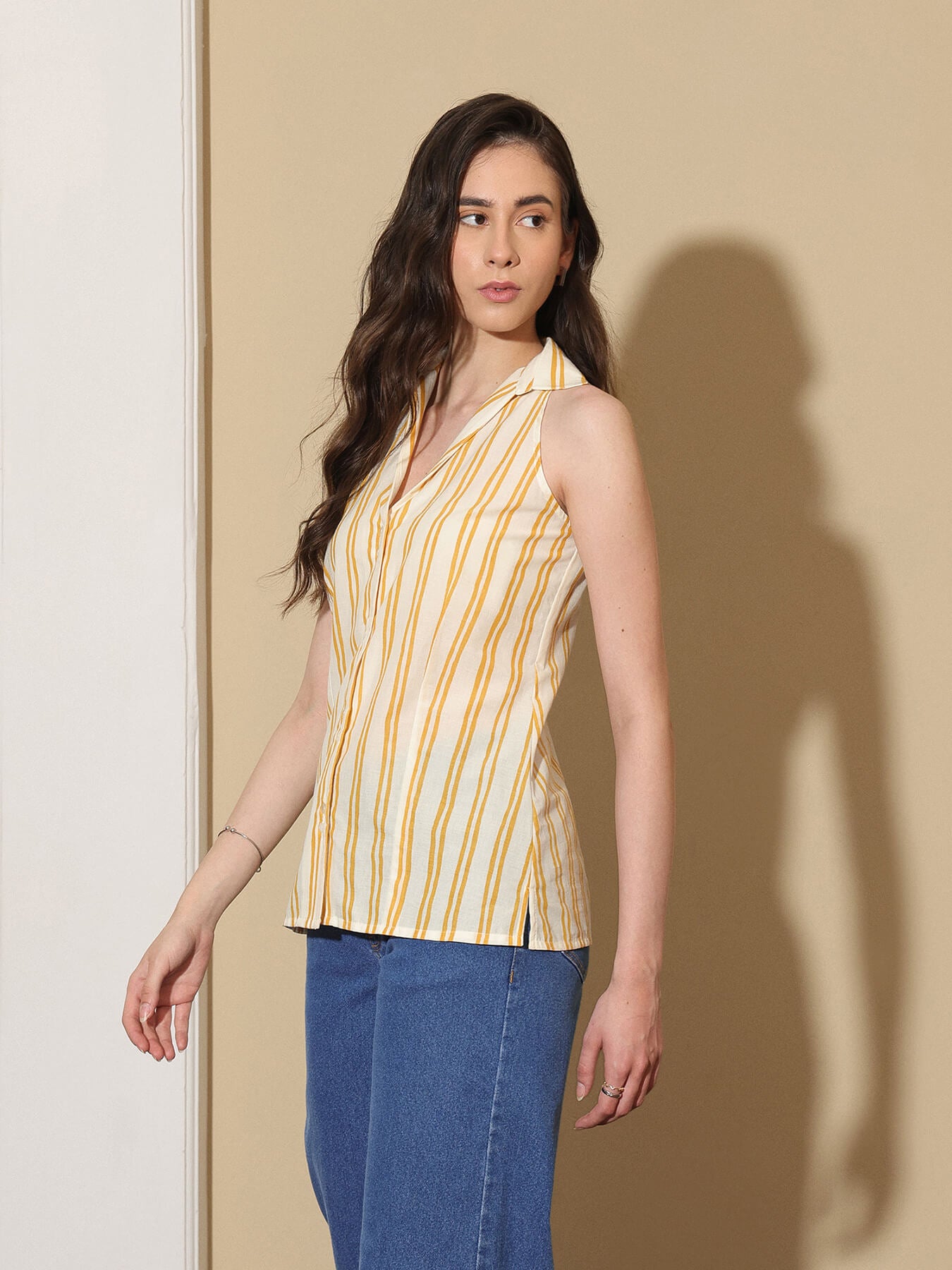 Cotton Striped Shirt Collar Top - Off White & Yellow