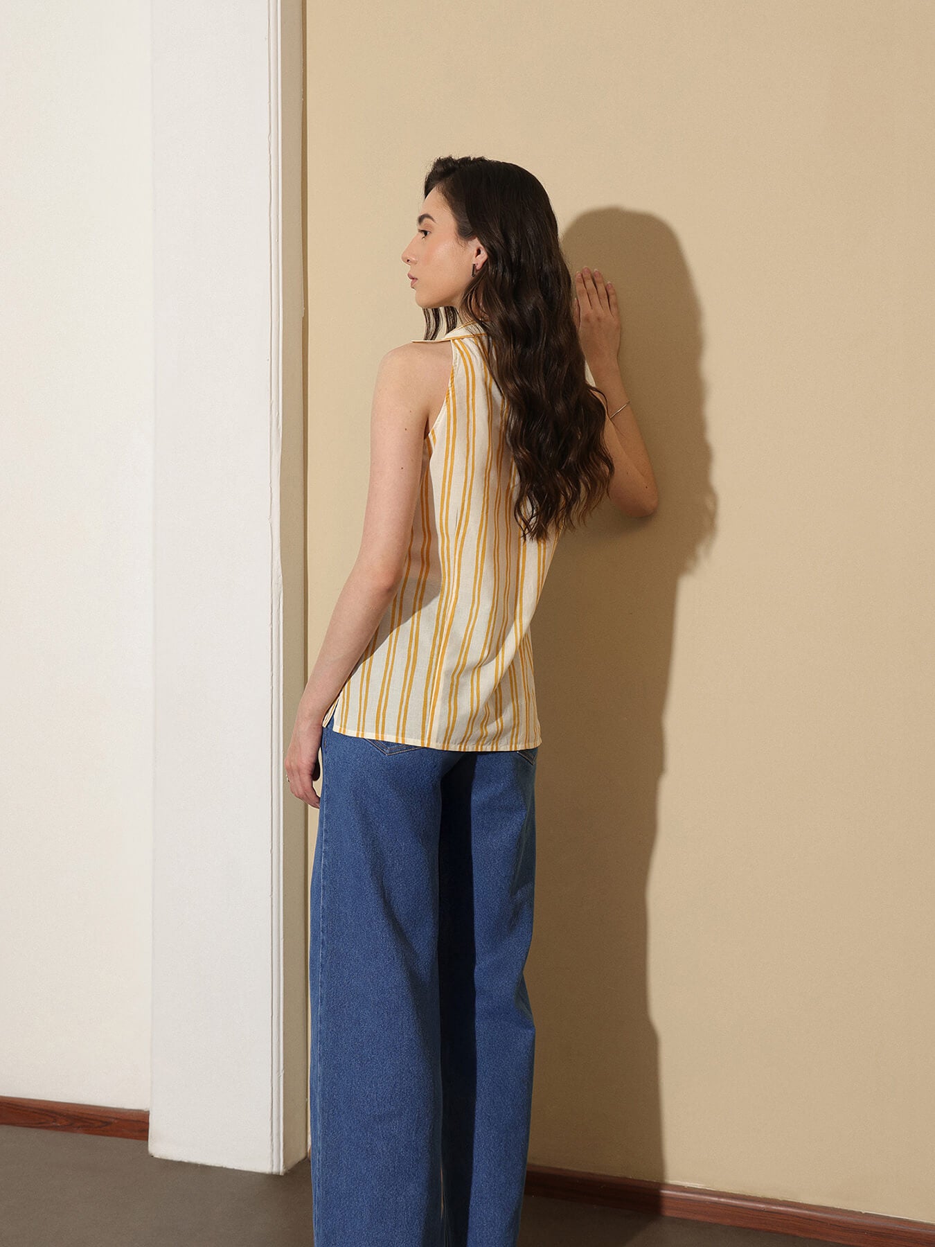 Cotton Striped Shirt Collar Top - Off White & Yellow