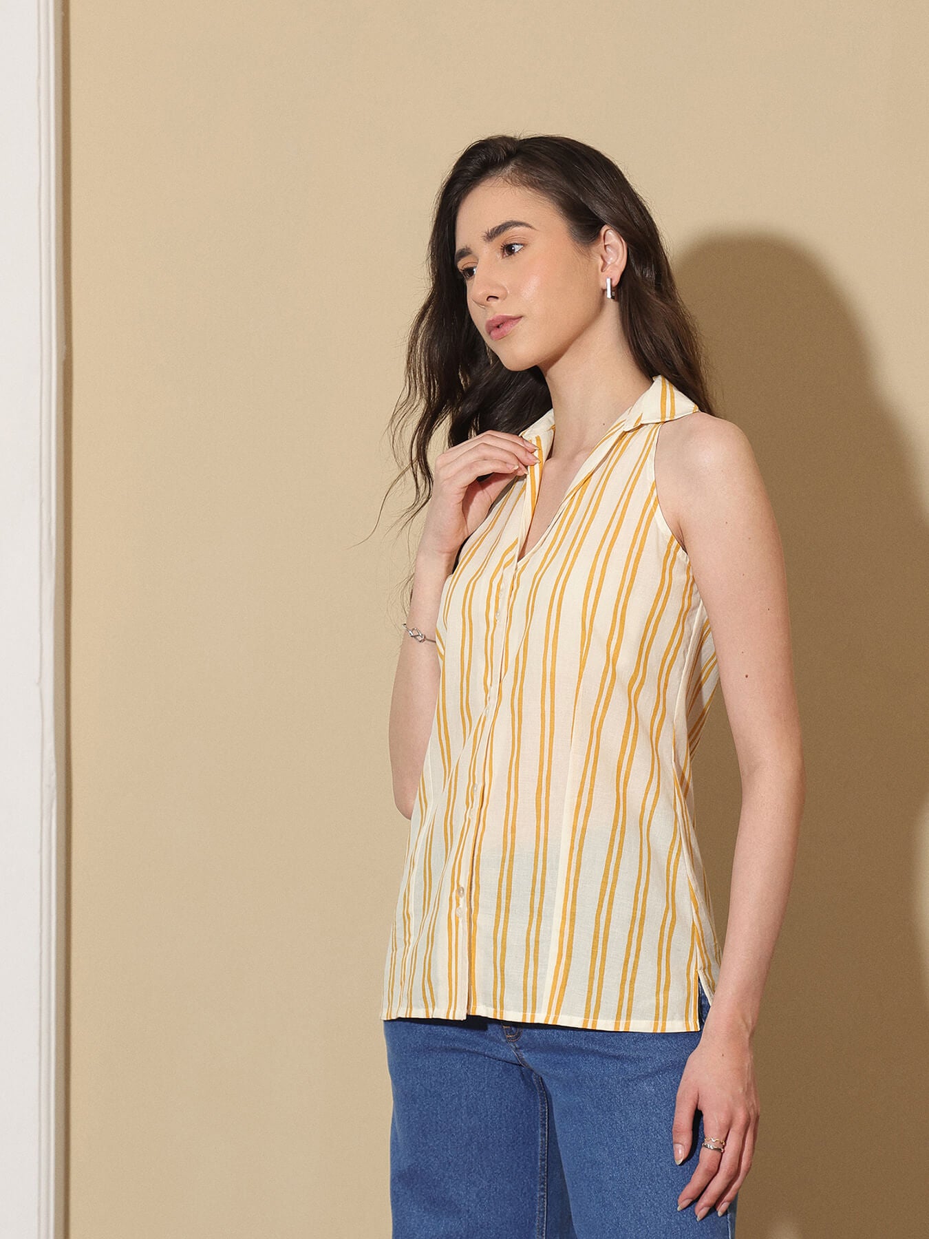 Cotton Striped Shirt Collar Top - Off White & Yellow