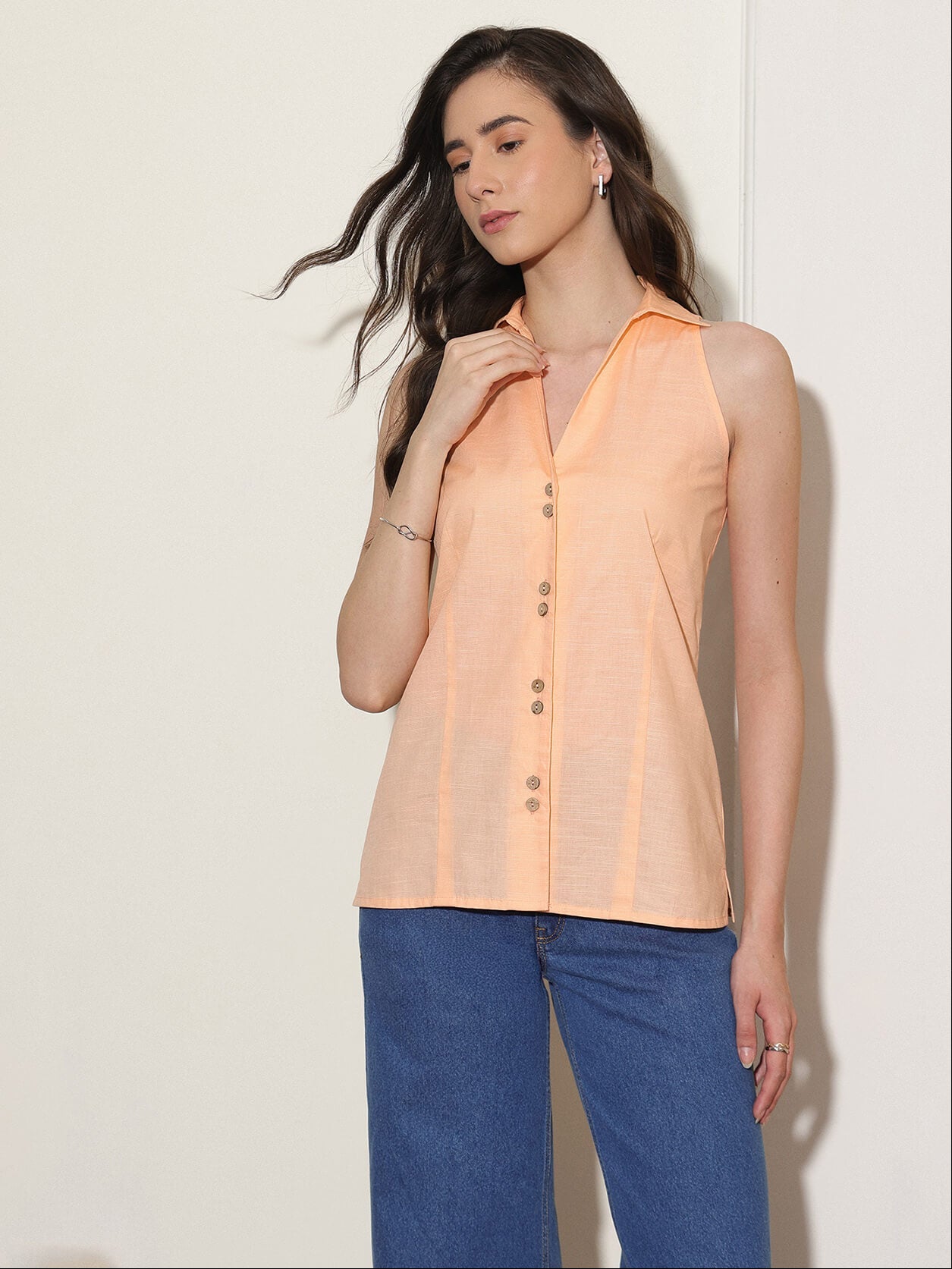 Cotton Solid Shirt Collar Top - Orange