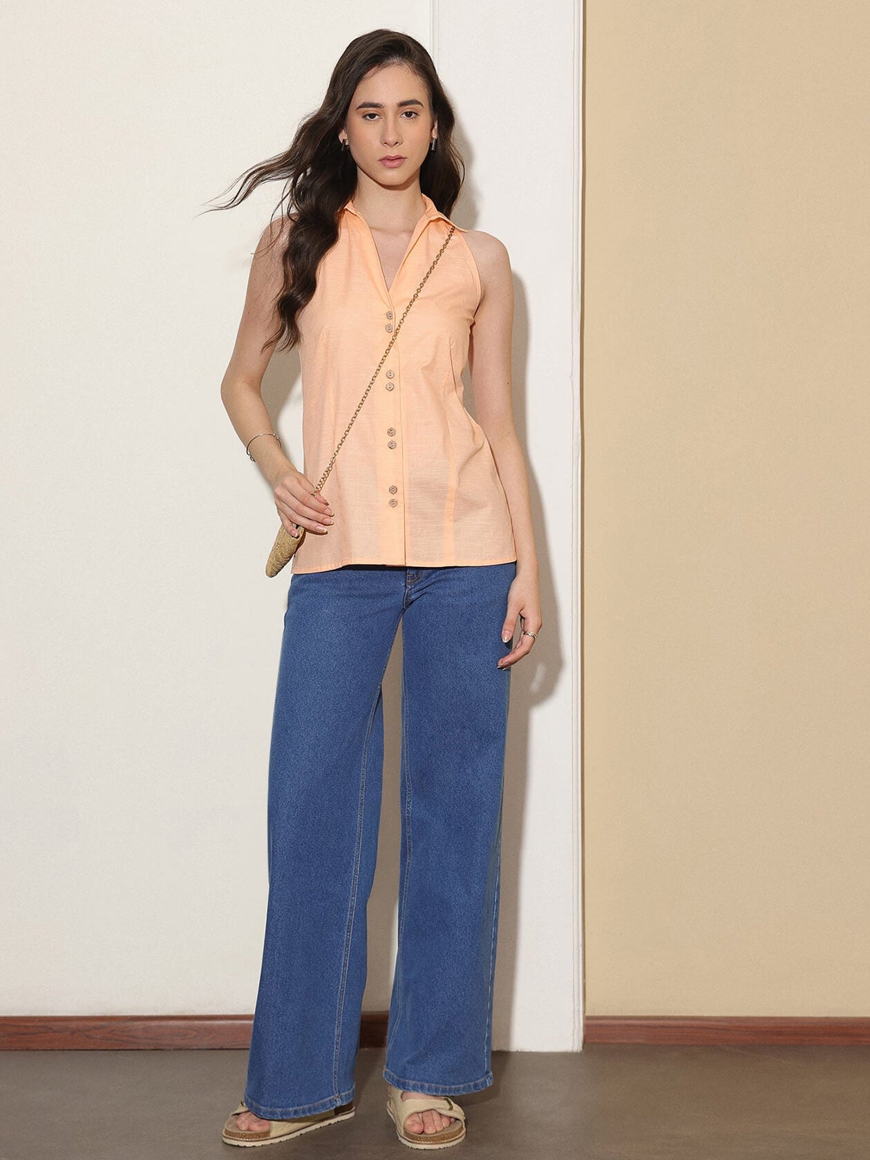 Cotton Solid Shirt Collar Top - Orange