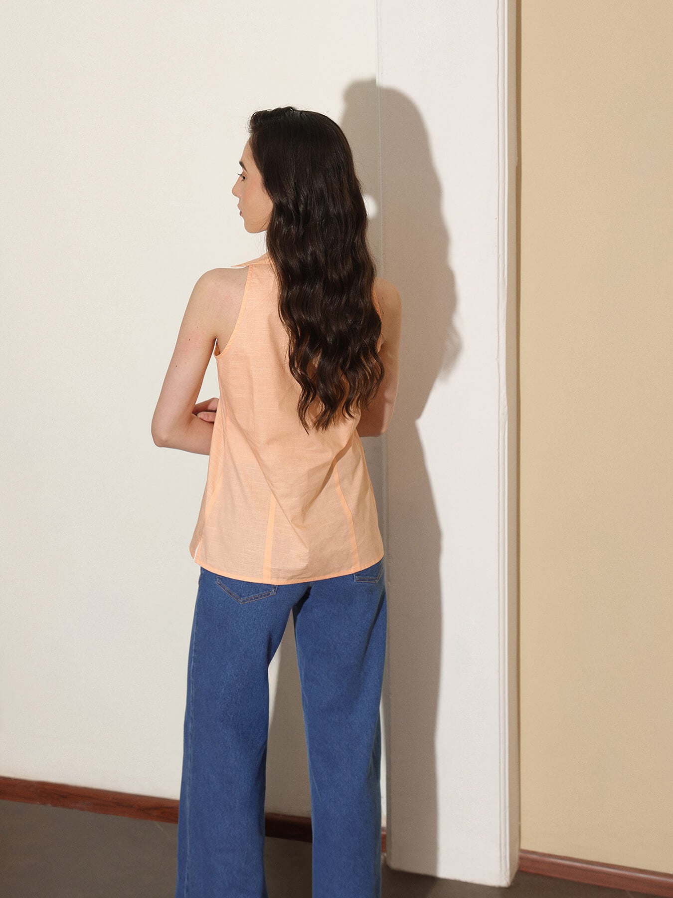 Cotton Solid Shirt Collar Top - Orange