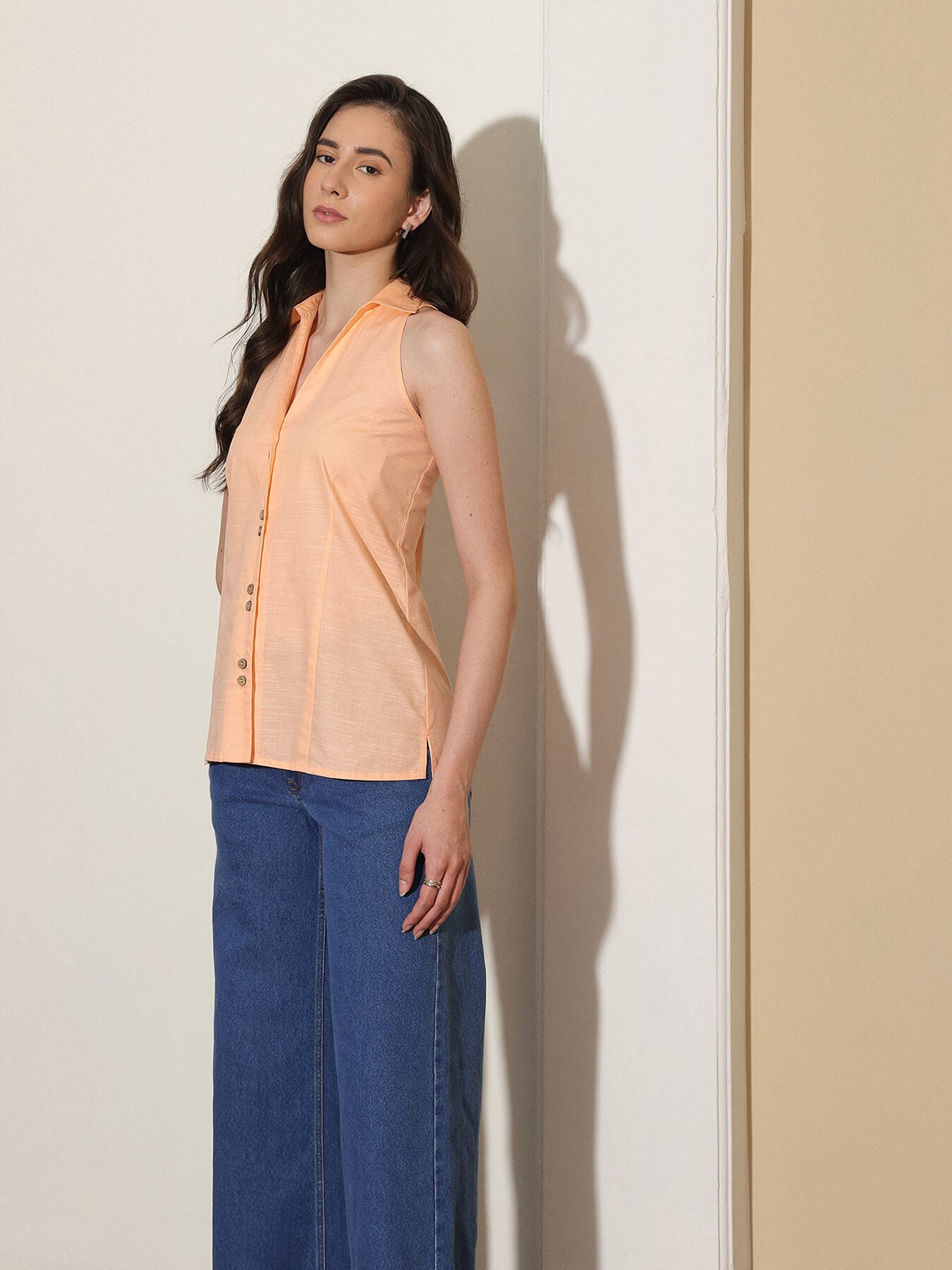 Cotton Solid Shirt Collar Top - Orange