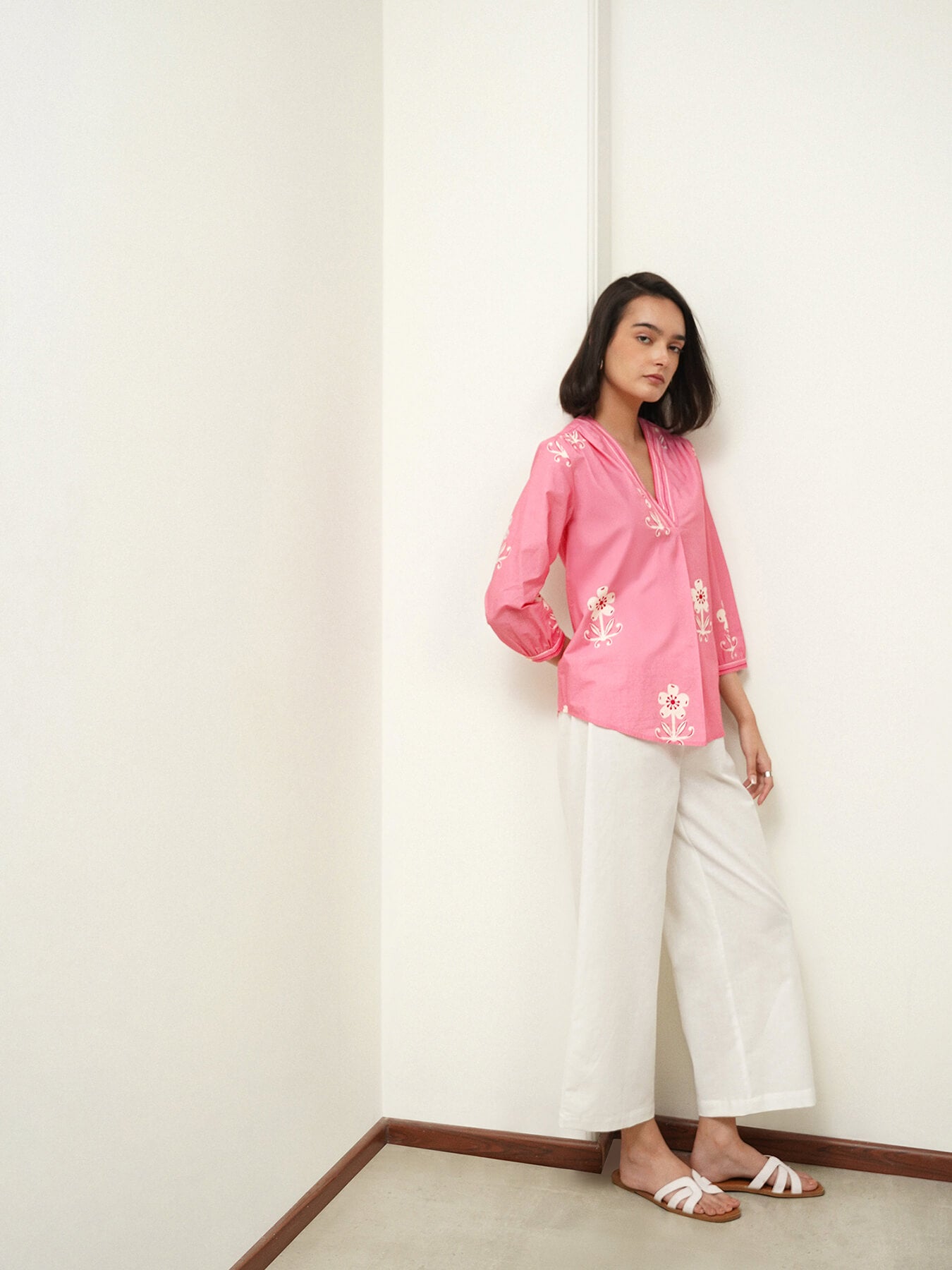 Cotton Floral V-Neck Top - Pink