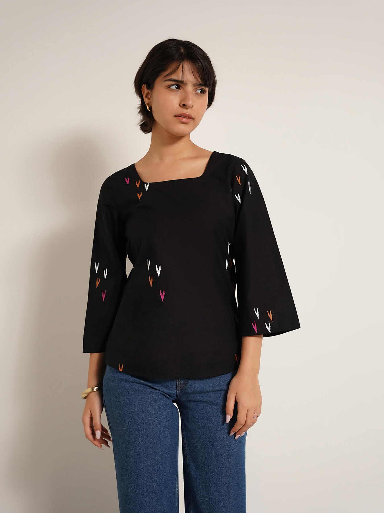Cotton Ethnic Motif Square Neck Top - Black