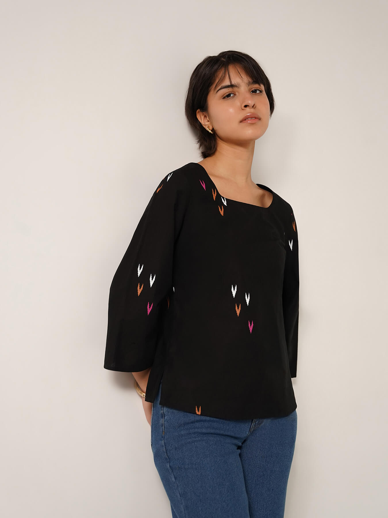 Cotton Ethnic Motif Square Neck Top - Black