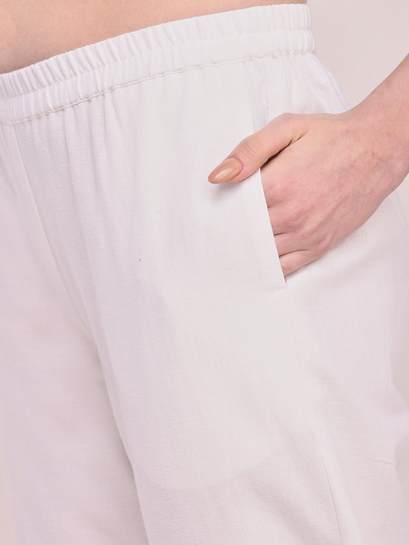 Cotton Solid Tapered Trousers - White