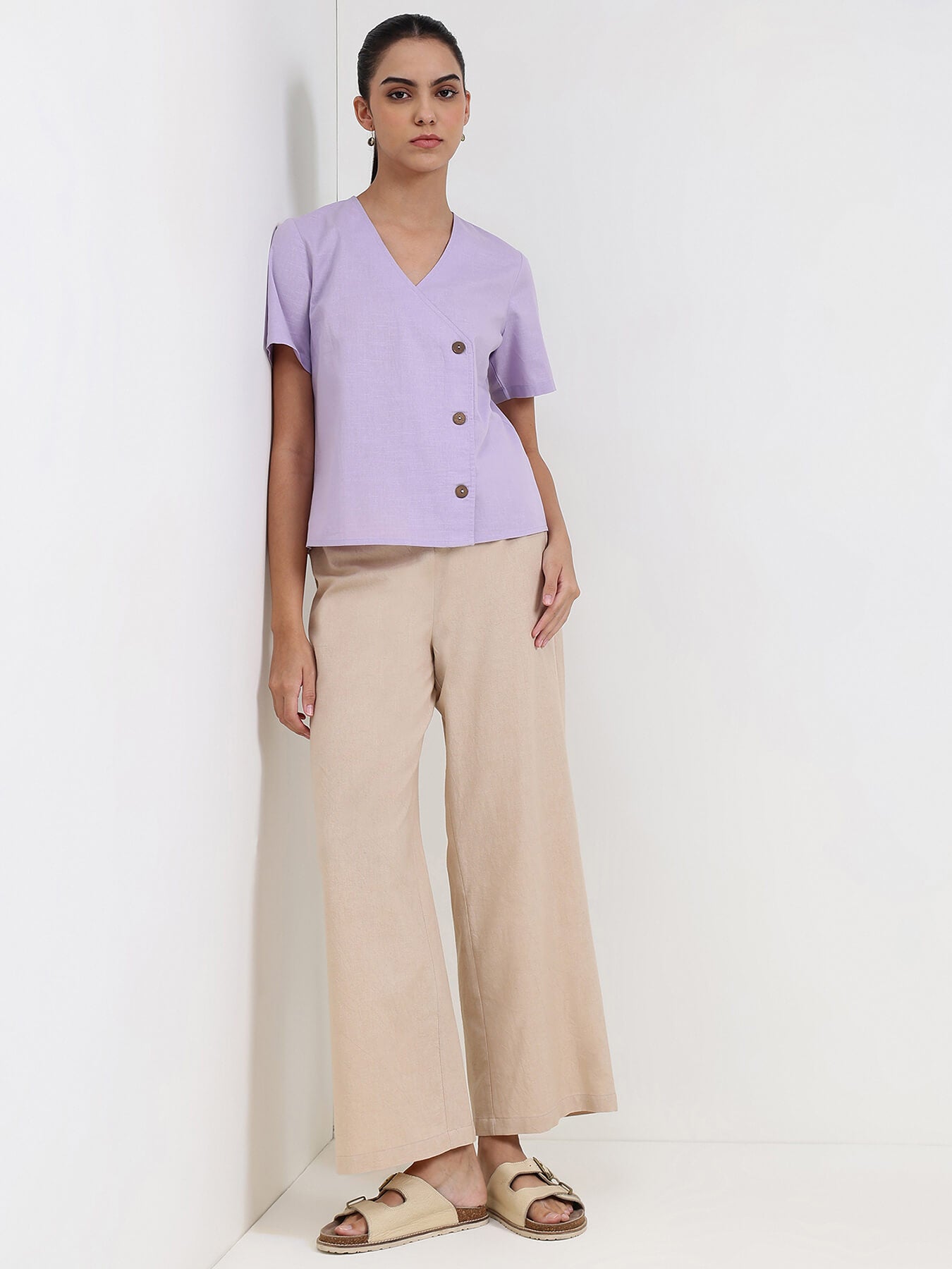 Linen Blend Solid Straight Trouser - Beige