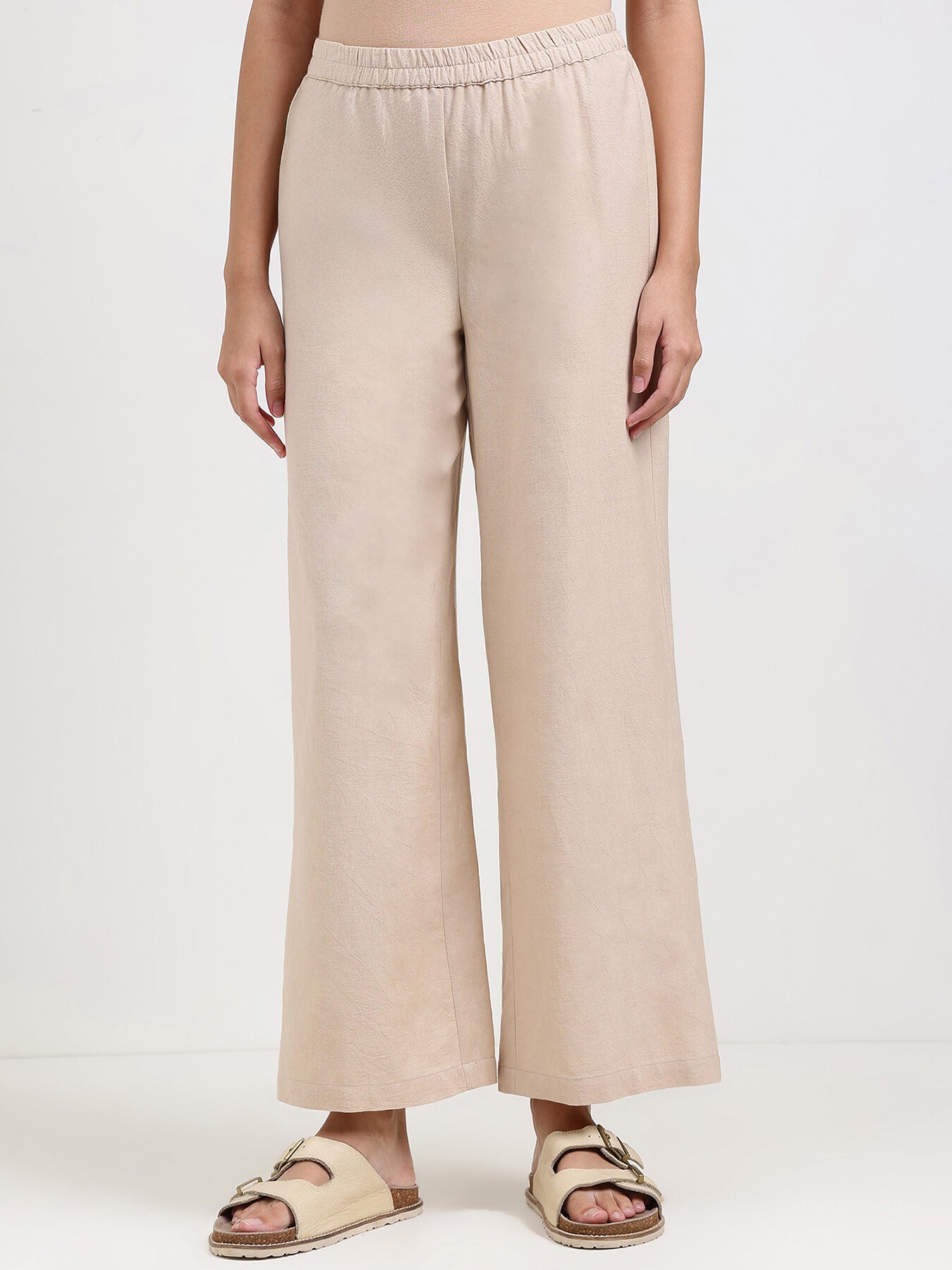Linen Blend Solid Straight Trouser - Beige