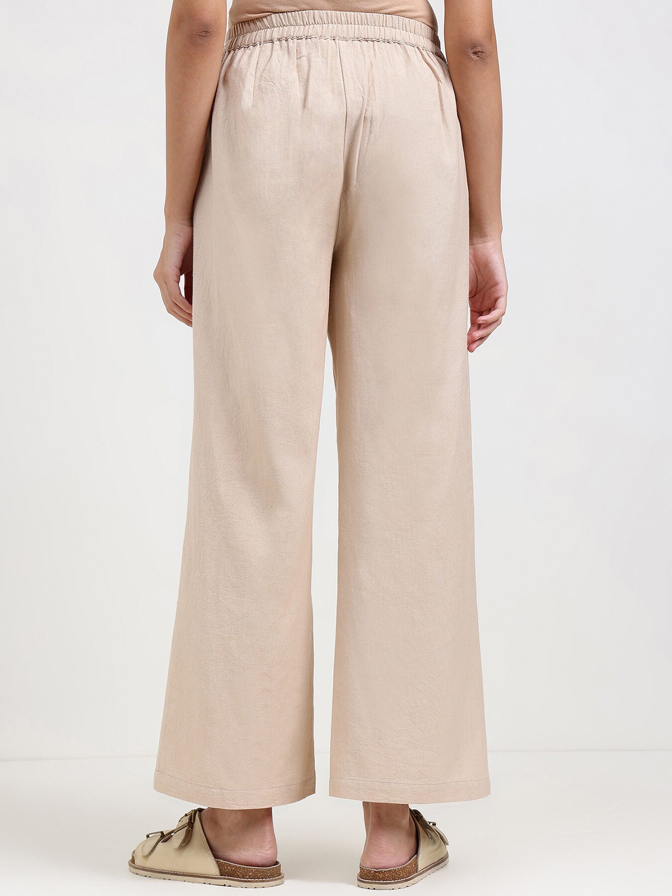 Linen Blend Solid Straight Trouser - Beige