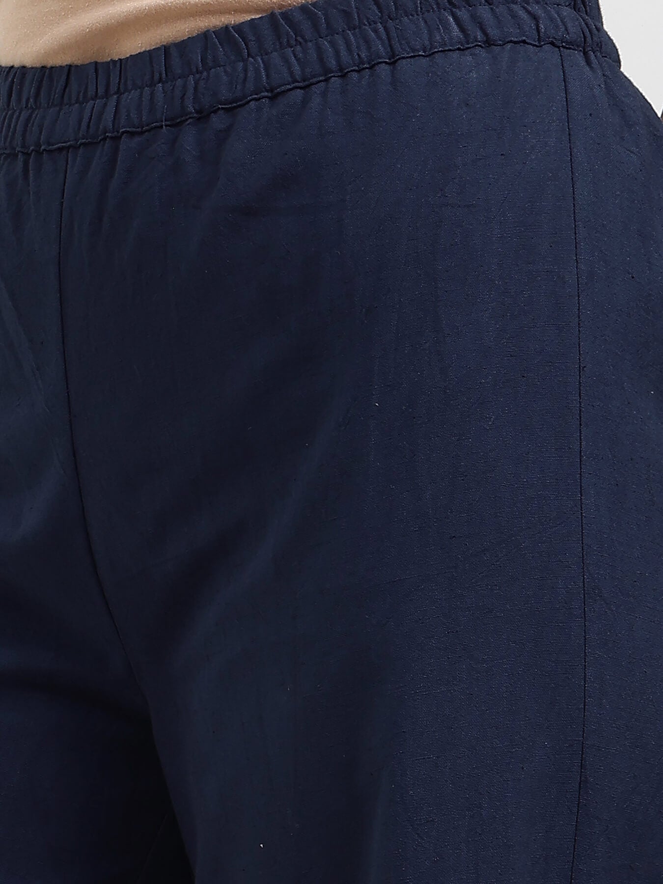 Linen Blend Solid Straight Trouser - Navy Blue