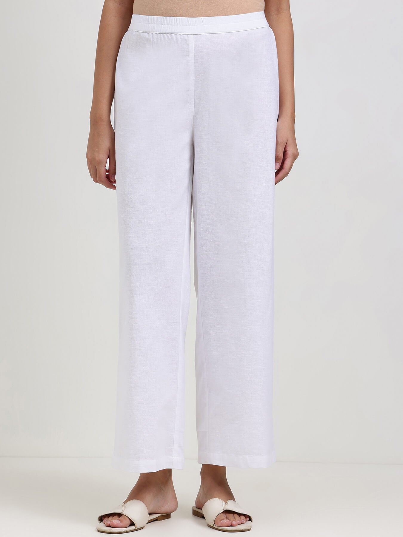 Linen Blend Solid Straight Trouser - White