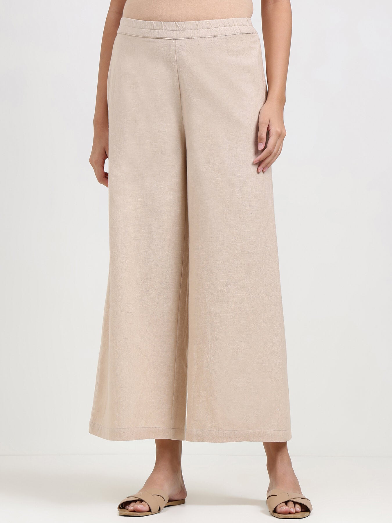 Linen Blend Solid Flared Culottes - Beige