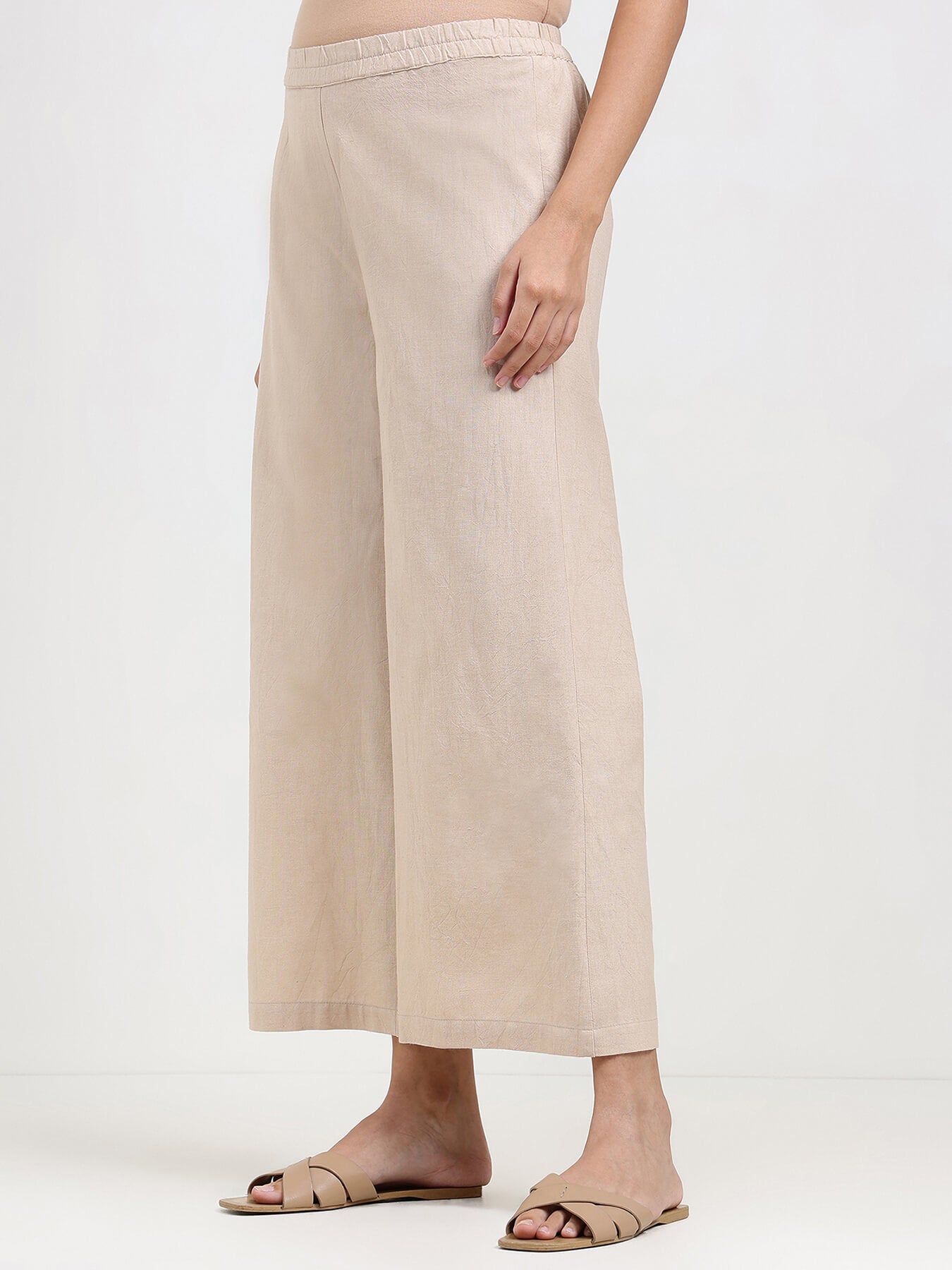 Linen Blend Solid Flared Culottes - Beige