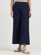 Linen Blend Solid Flared Culottes - Navy Blue