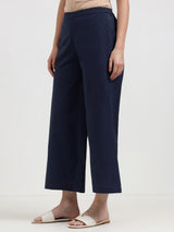 Linen Blend Solid Flared Culottes - Navy Blue