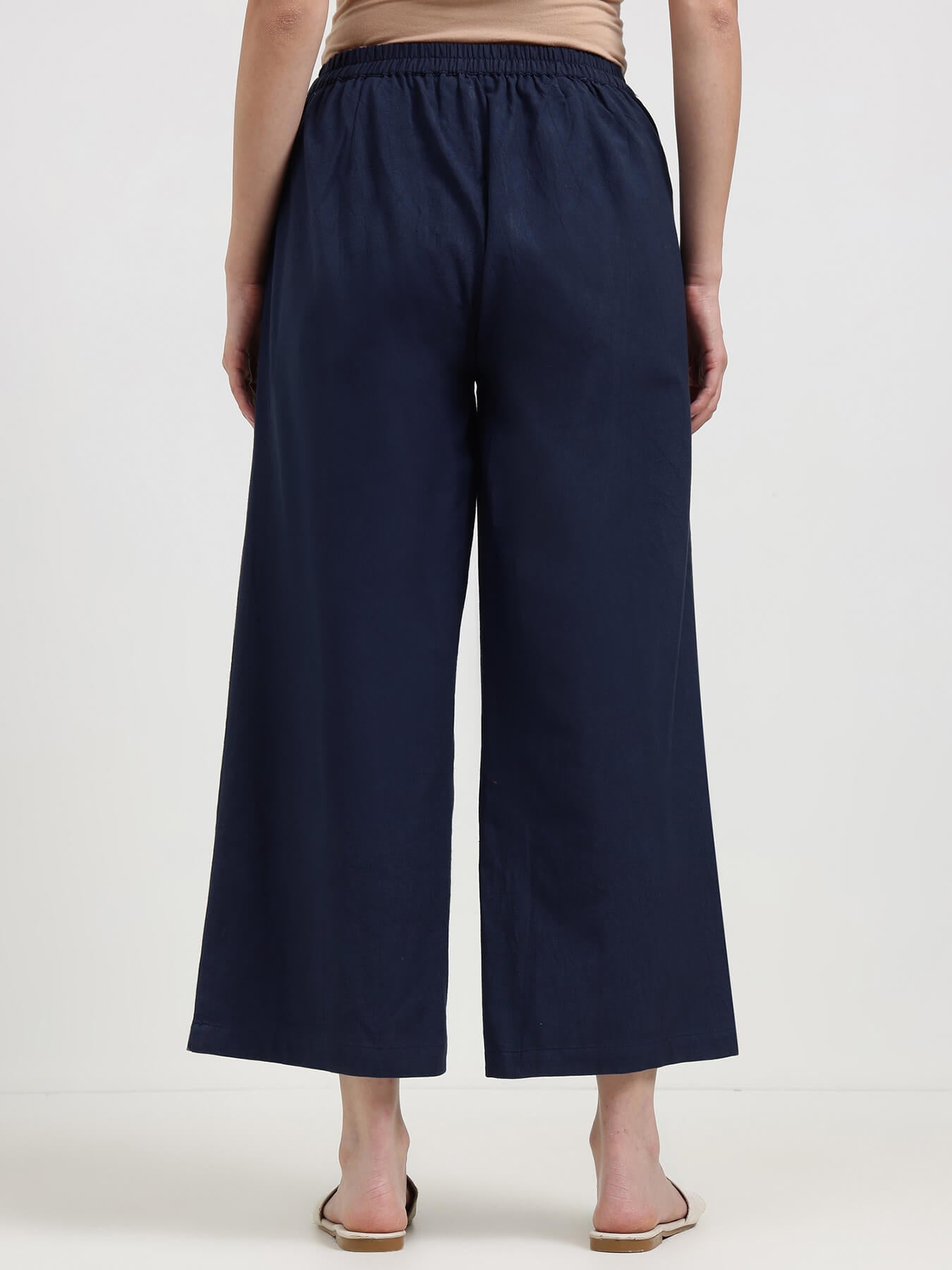 Linen Blend Solid Flared Culottes - Navy Blue
