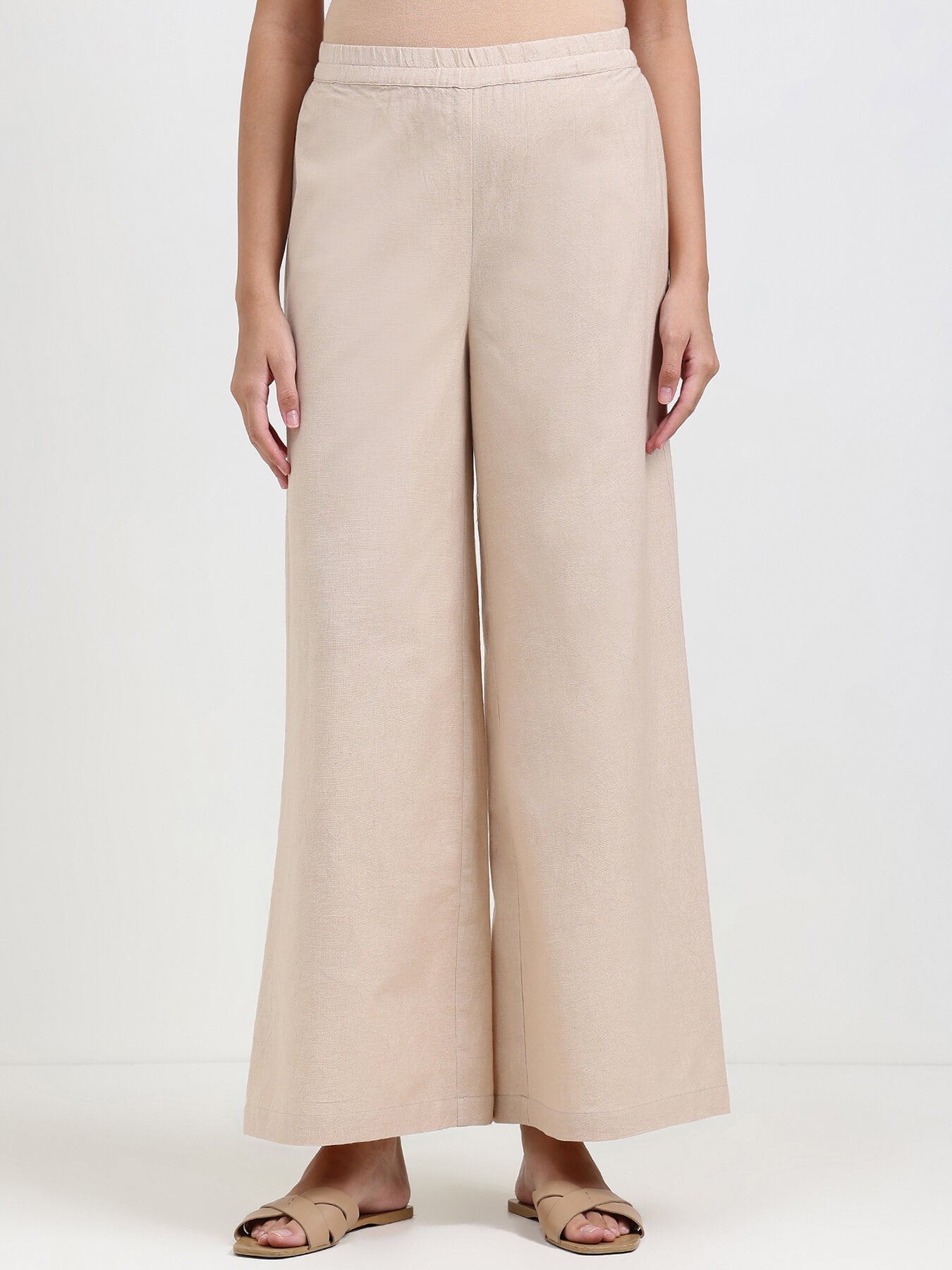 Linen Blend Solid Flared Trouser - Beige