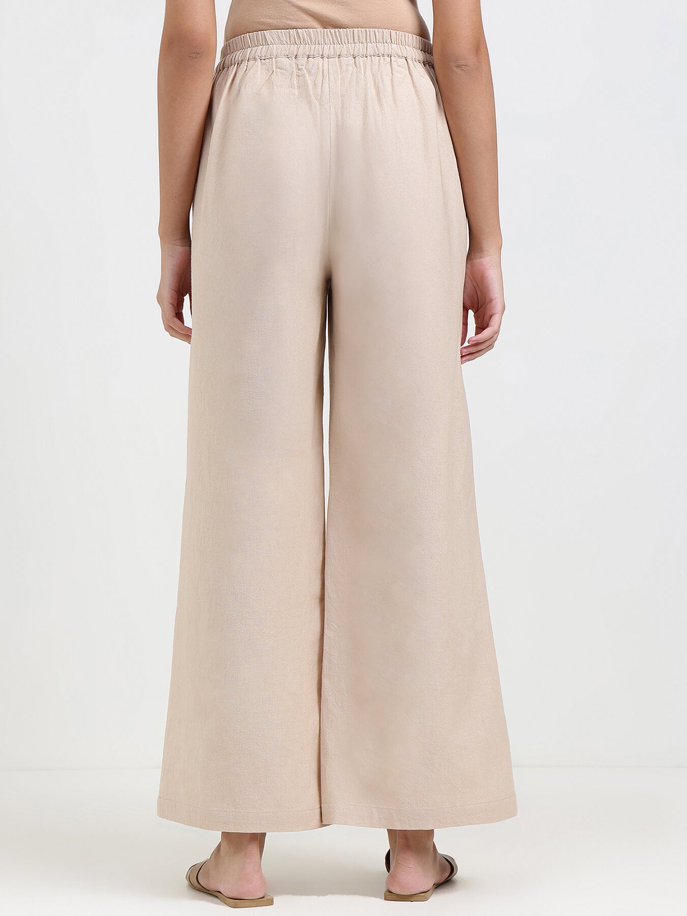 Linen Blend Solid Flared Trouser - Beige