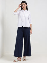 Linen Blend Solid Flared Trouser - Navy Blue