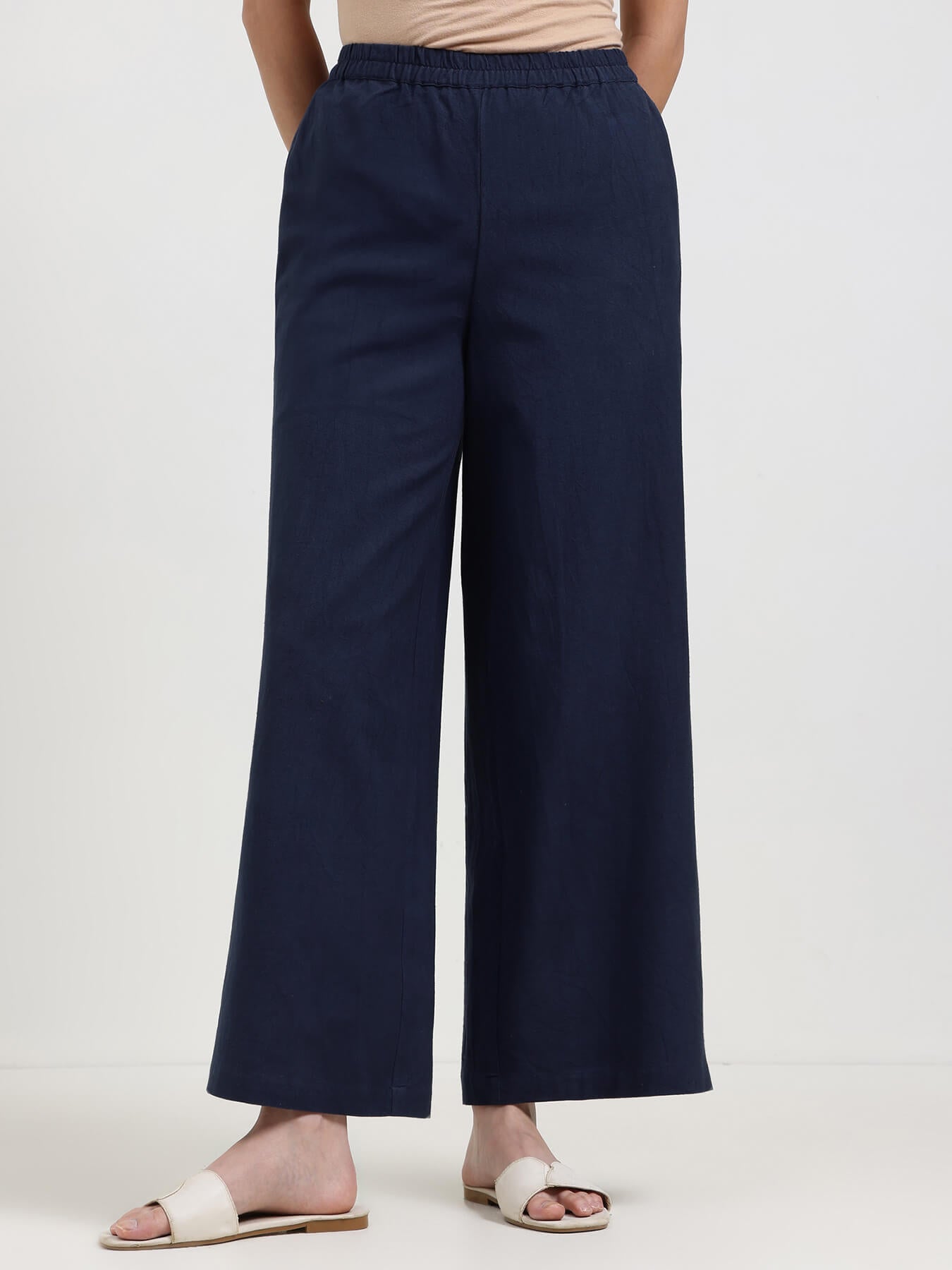 Linen Blend Solid Flared Trouser - Navy Blue