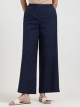 Linen Blend Solid Flared Trouser - Navy Blue