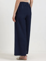 Linen Blend Solid Flared Trouser - Navy Blue