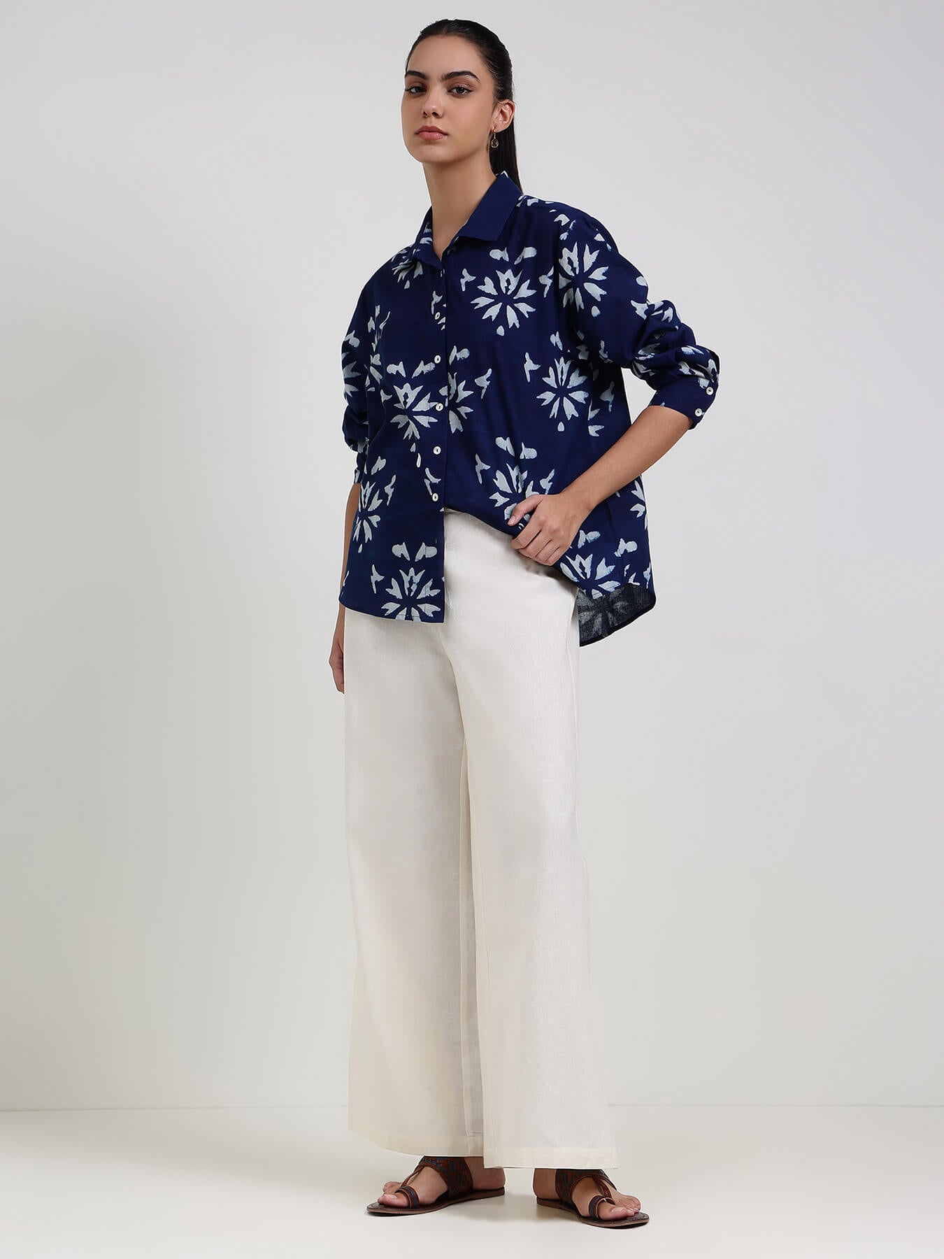 Linen Blend Solid Flared Trouser - Off White