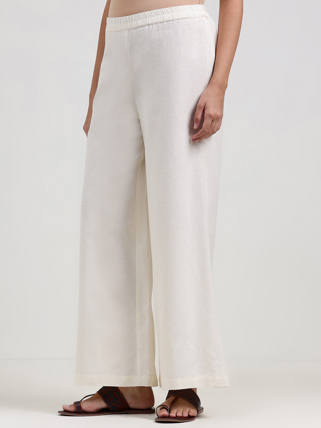 Linen Blend Solid Flared Trouser - Off White