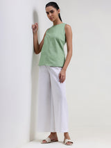 Linen Blend Solid Flared Trouser - White