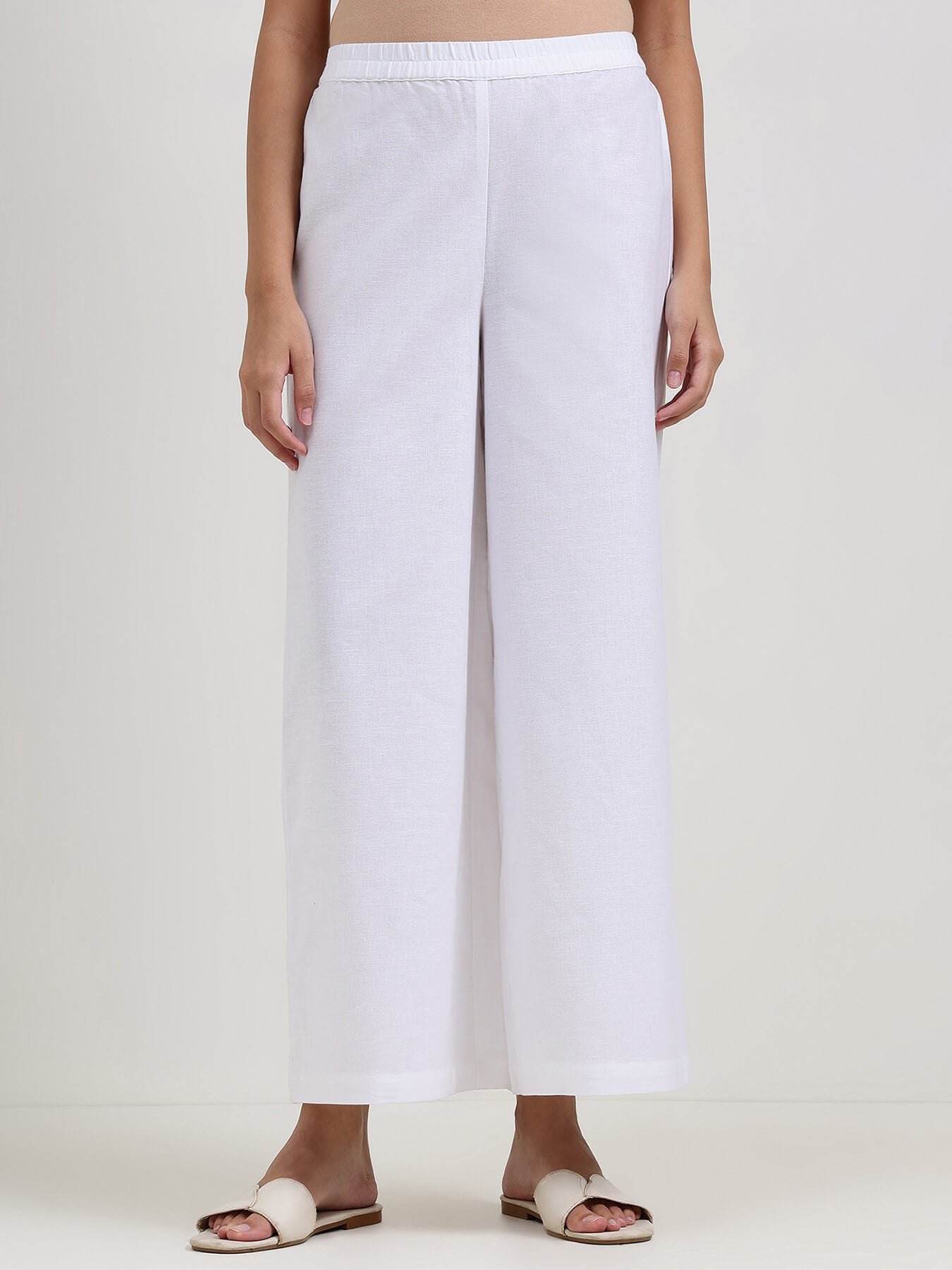 Linen Blend Solid Flared Trouser - White