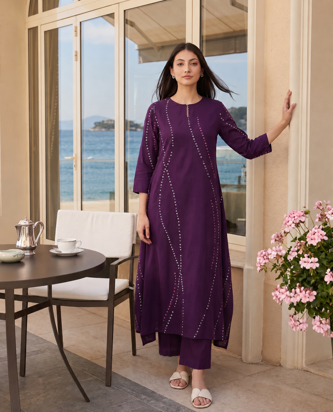 Cotton Bandhani Asymmetric Kurta Set - Purple