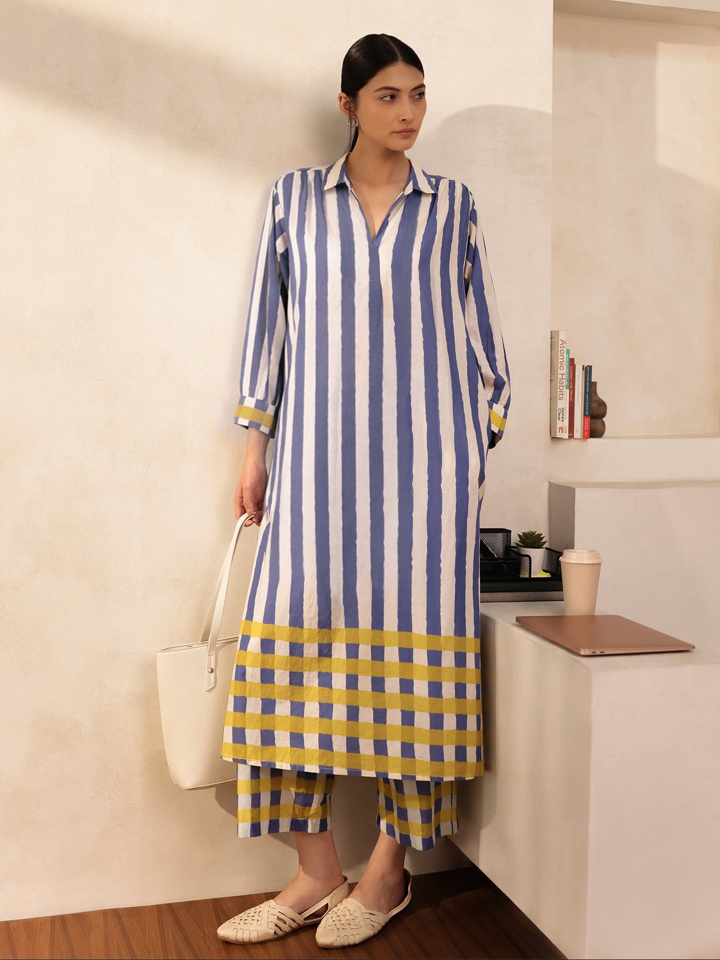 Cotton Stripe Play Shirt Collar Kurta Set - Blue & Yellow