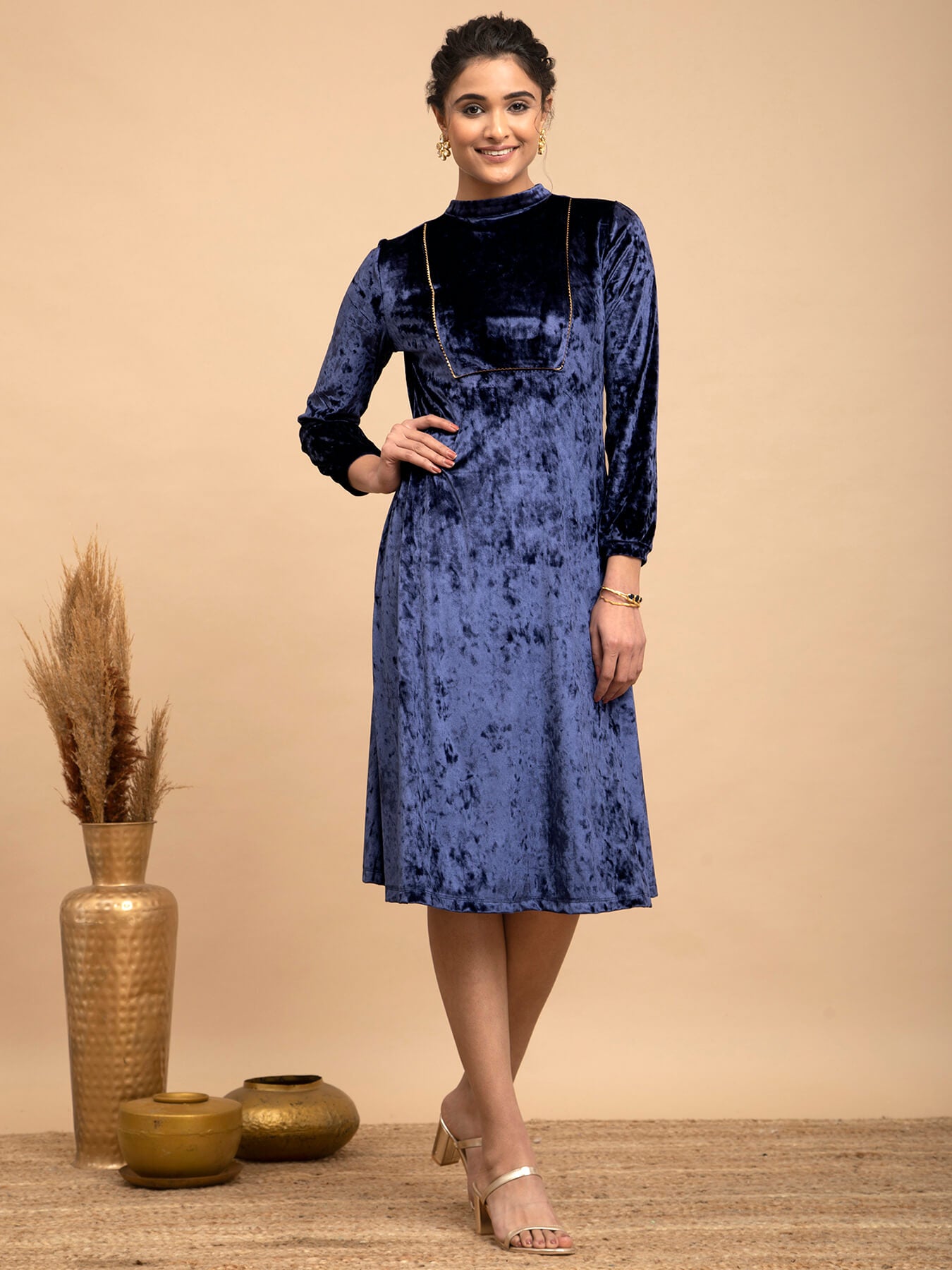 Buy Blue Velvet A-line Dress Online | Pink Fort