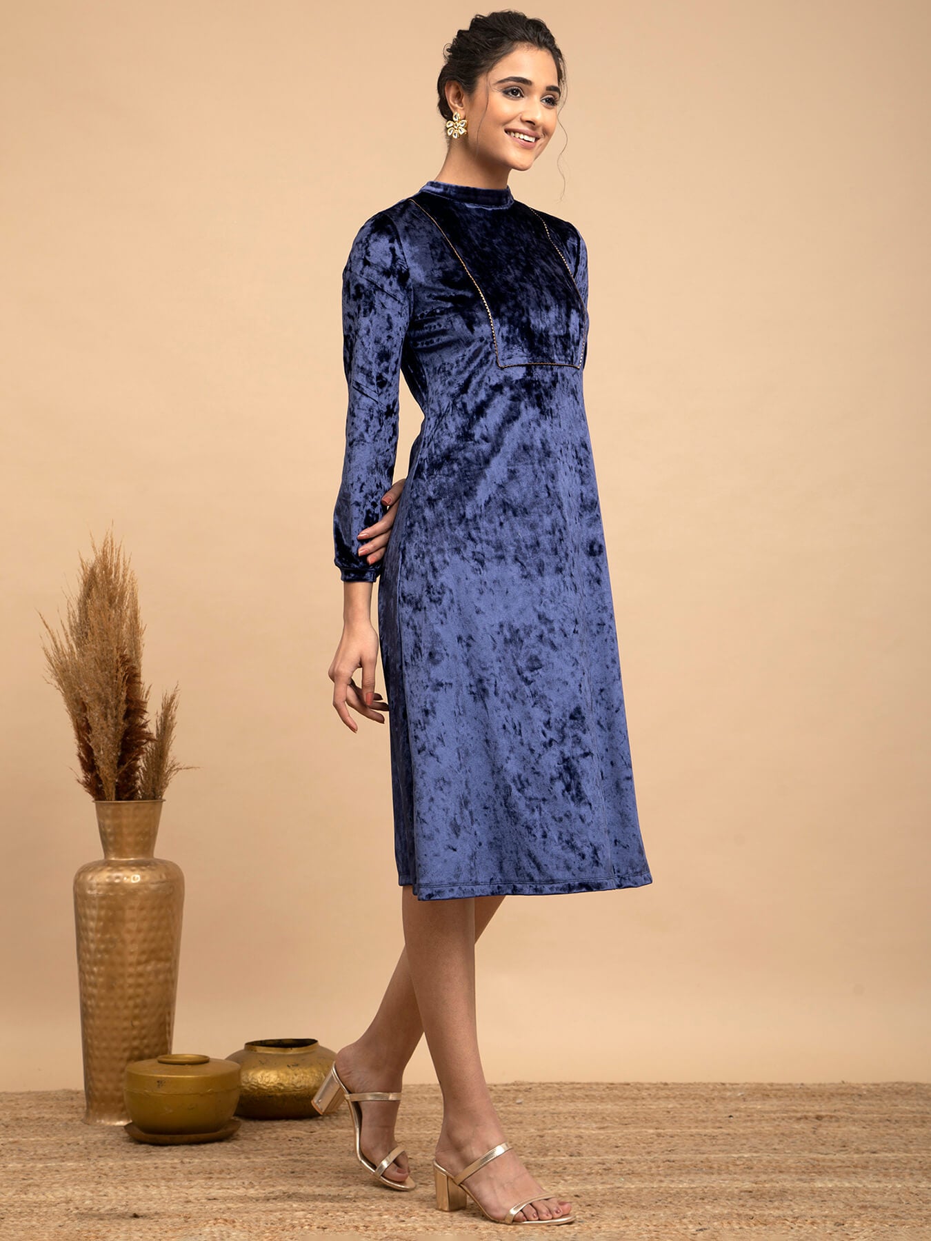 Buy Blue Velvet A-line Dress Online | Pink Fort