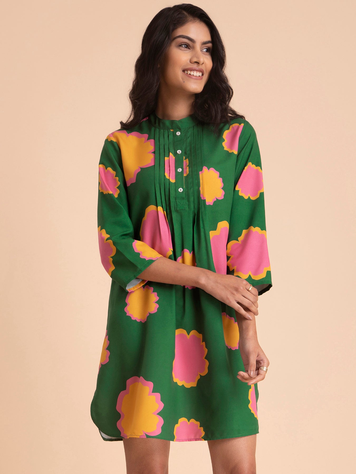 Women Grey Floral Printed Mandarin Collar Viscose Rayon Fit And Flare Dress