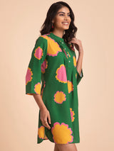Buy Green Floral Mandarin Collar Dress Online | Pink Fort