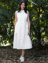 Buy White Cotton Poplin Mandarin Neck Dress Online | Pink Fort