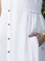 Buy White Cotton Poplin Mandarin Neck Dress Online | Pink Fort