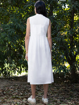 Buy White Cotton Poplin Mandarin Neck Dress Online | Pink Fort