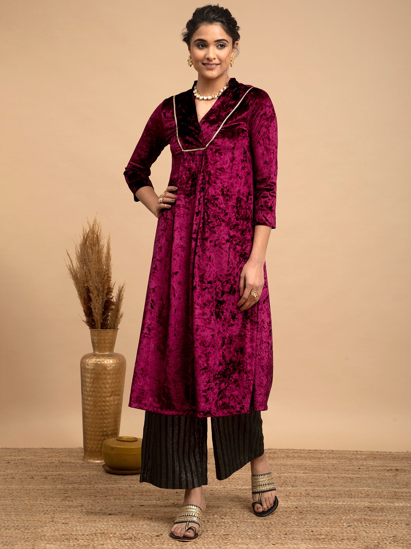 Buy Wine Velvet A-Line Flared Kurta Online | Marigold