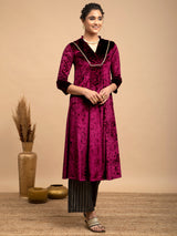 Buy Wine Velvet A-Line Flared Kurta Online | Marigold