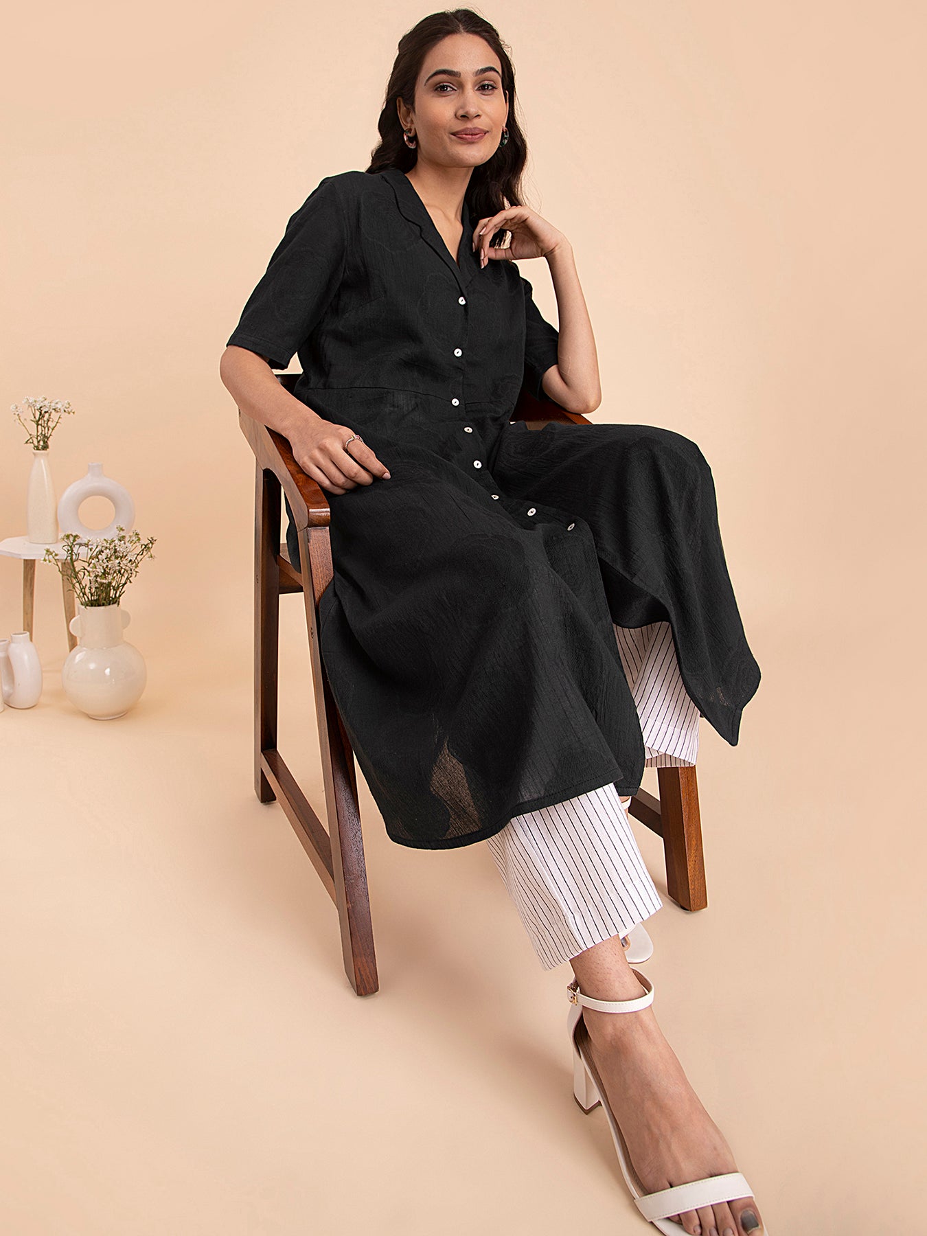 Buy Black Cotton Jacquard Flared Kurta Online | Pink Fort