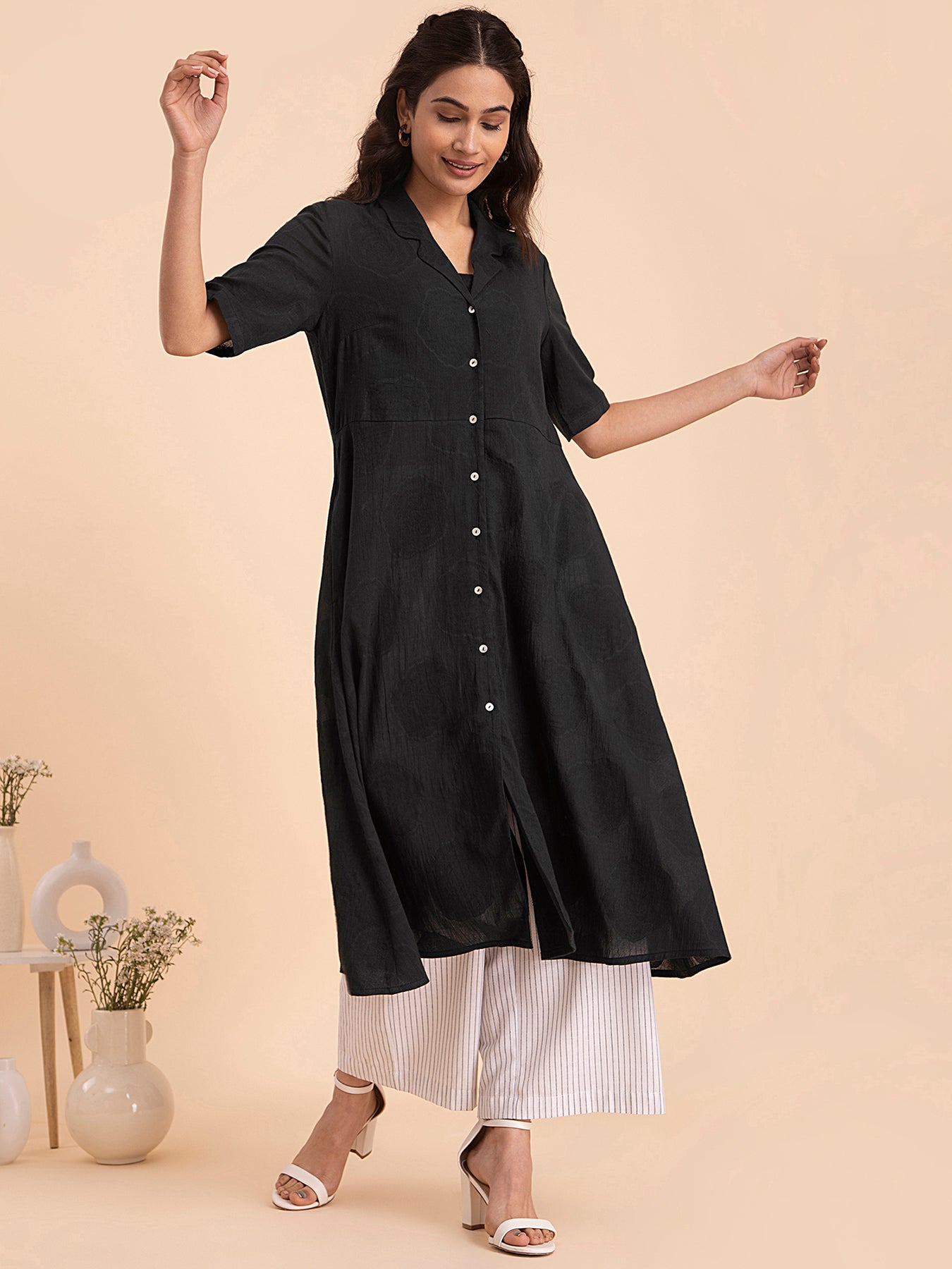 Buy Black Cotton Jacquard Flared Kurta Online | Pink Fort