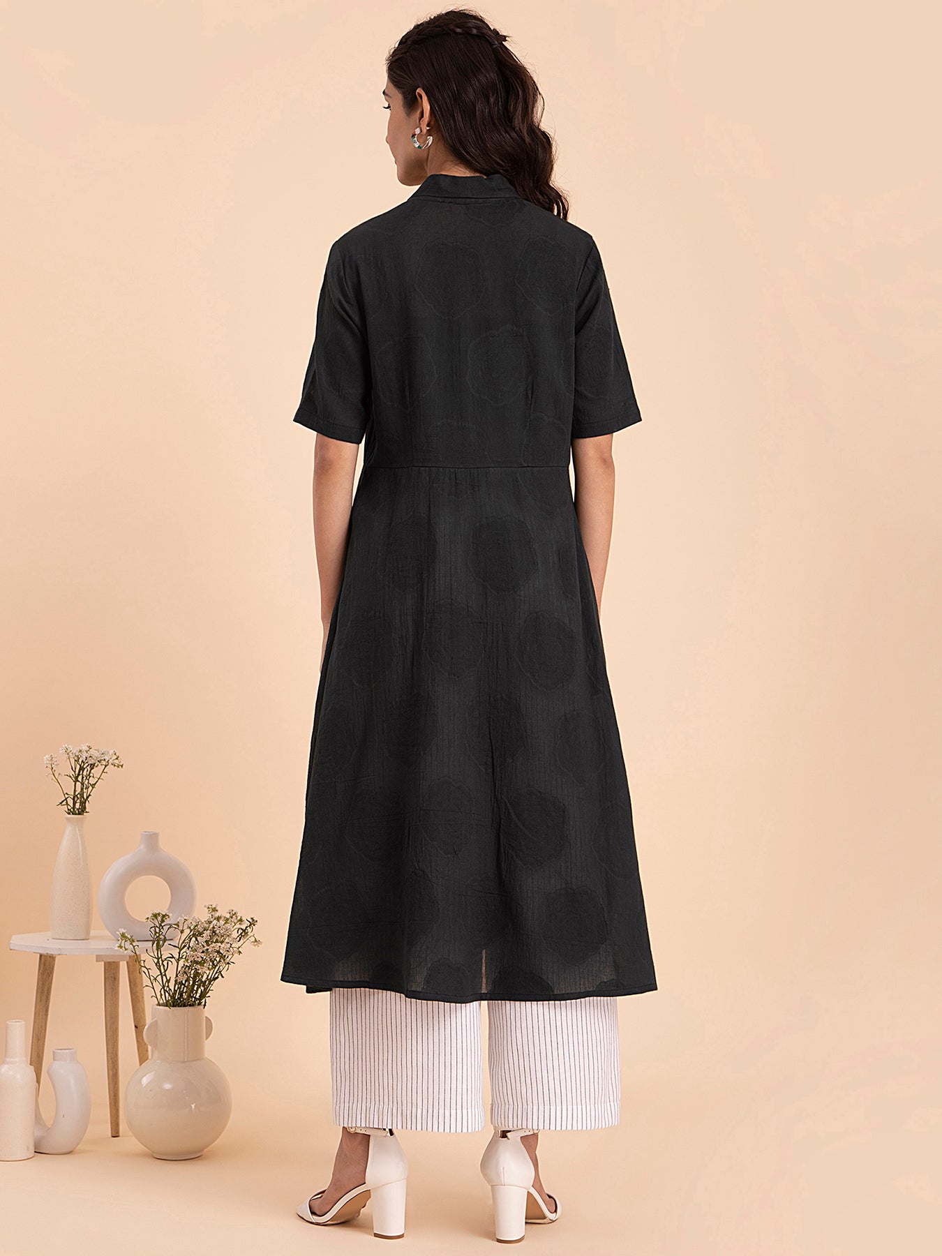 Buy Black Cotton Jacquard Flared Kurta Online | Pink Fort
