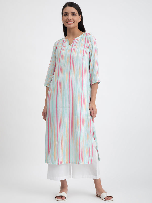 Buy Multicolour Cotton Striped Straight Kurta Online | Pink Fort