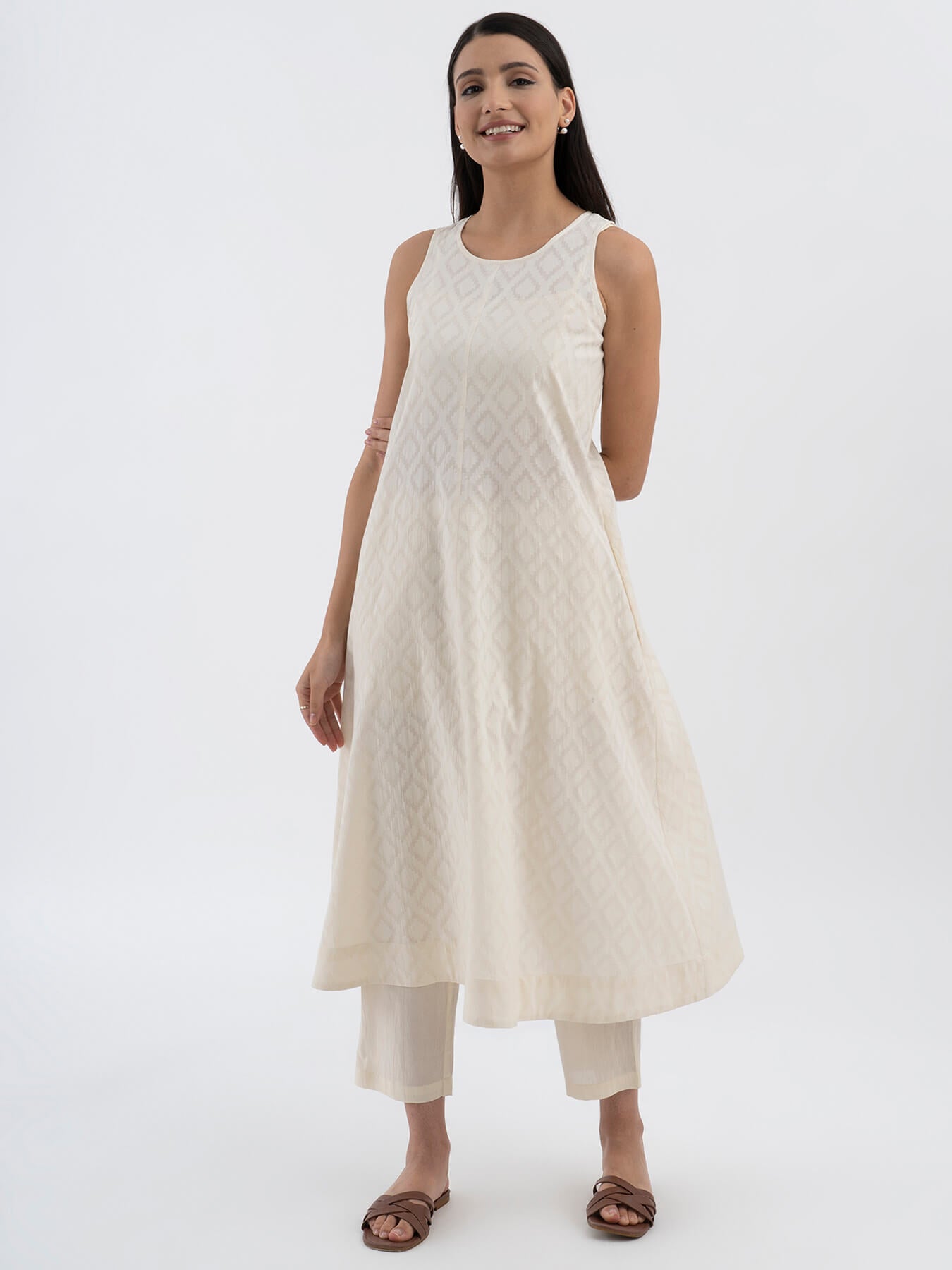 Cotton Jacquard A line Kurta With Slip Blouse - Ivory