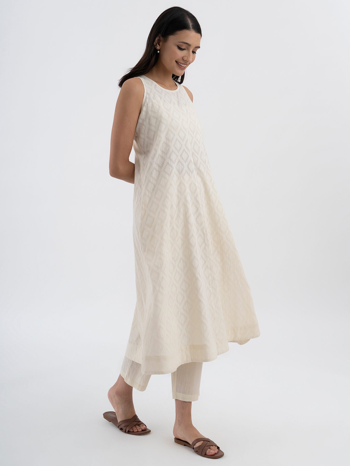 Cotton Jacquard A line Kurta With Slip Blouse - Ivory