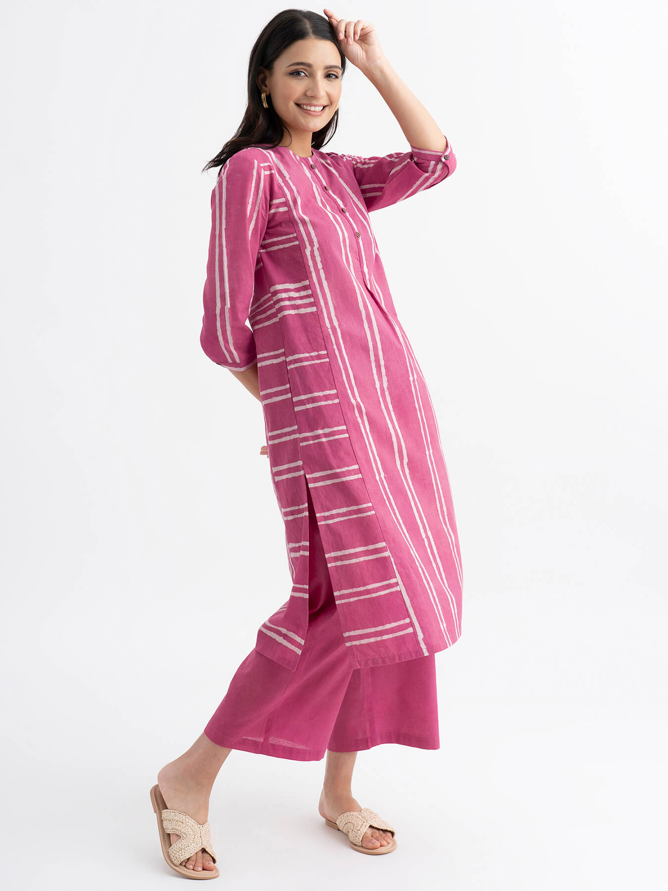 Cotton Dabu Handblock Striped Printed Kurta Set - Pink